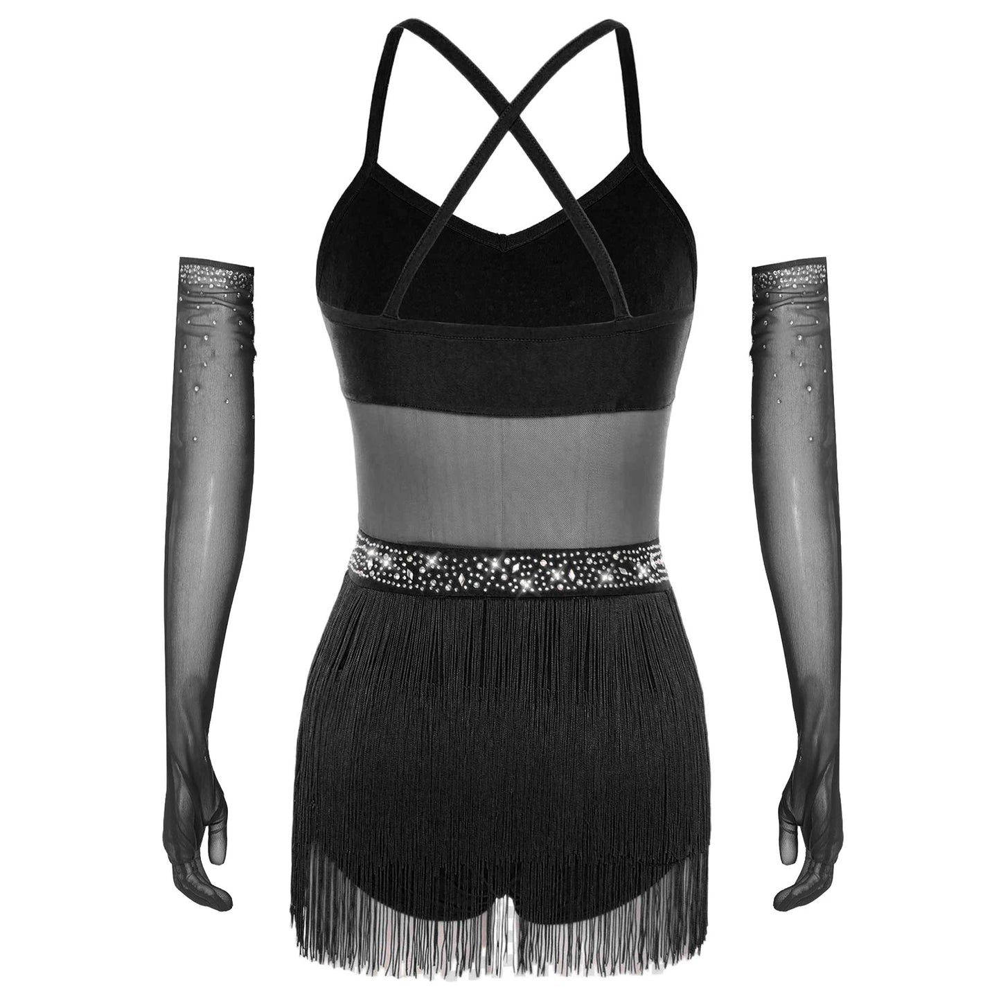 Womens Latin Dance Dress Sheer Mesh Patchwork Tiered Tassel Bodysuit Dress and Gloves for Tango Samba Dance Ballroom Dancewear