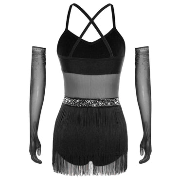 Womens Latin Dance Dress Sheer Mesh Patchwork Tiered Tassel Bodysuit Dress and Gloves for Tango Samba Dance Ballroom Dancewear