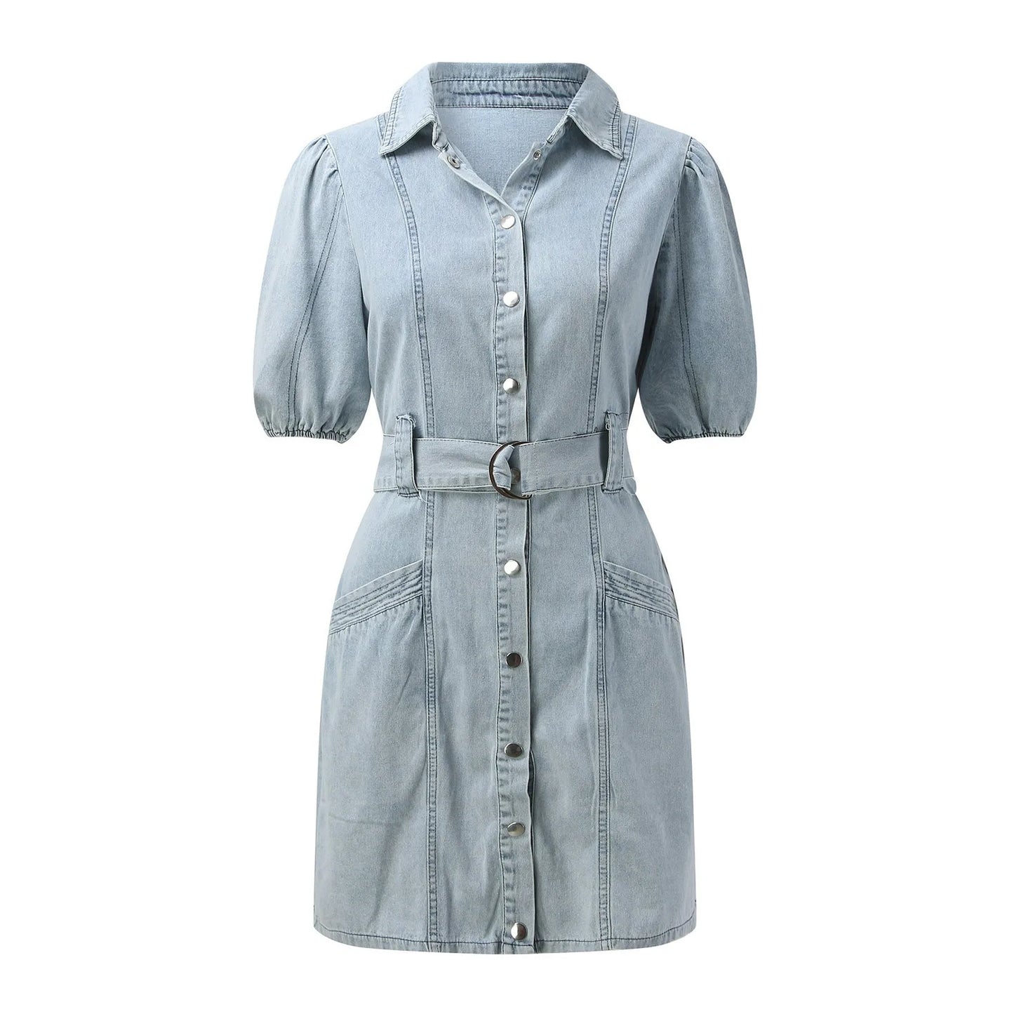 Classic Blue Turndown Collar Dresses Woman Party Night Short Sleeve Denim Dress Retro Elegant Single Breasted Dress Vestidos