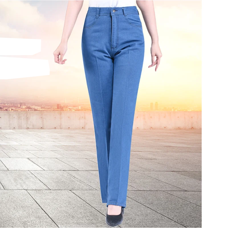 Middle-aged Women's Jeans Spring Autumn High Waist Solid Color Denim Pants Large Size Loose Female Straight Casual Cowboy Pants