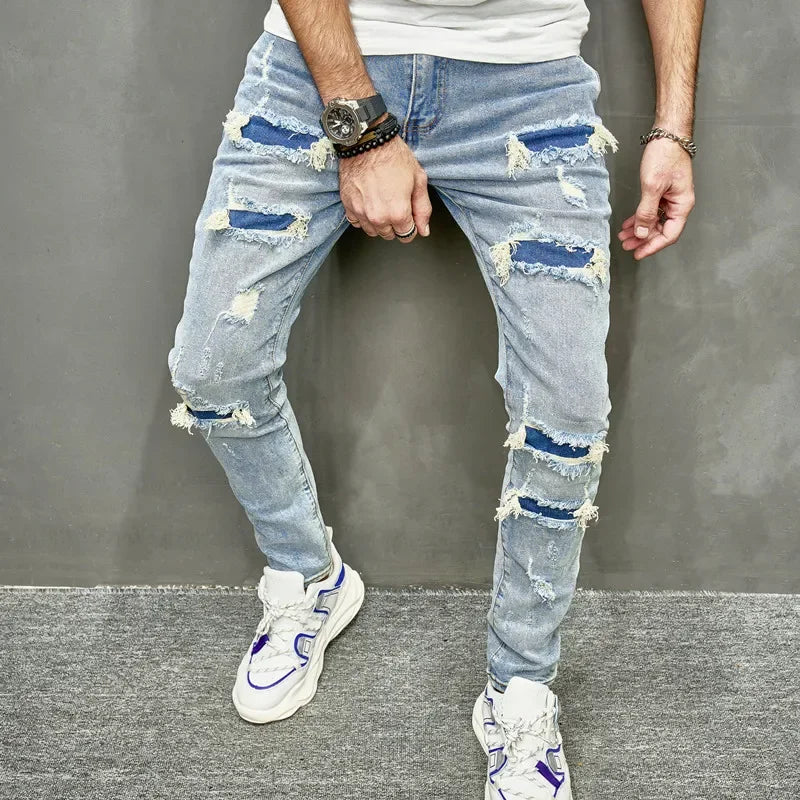 Skinny Denim Pants Men Jeans Holes Vintage Wash Pencil Pants 2025 Pockets Solid Casual Slim Fit Punk Style Spliced Distressed