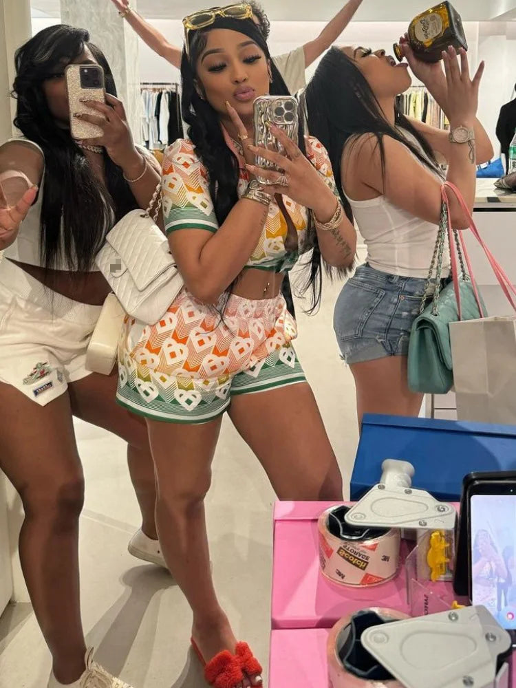 STYLISH LADY Letter Printed Sporty 2 Piece Set Women Short Sleeve Crop Top and Shorts Suits 2025 Summer Casual Street Outfits