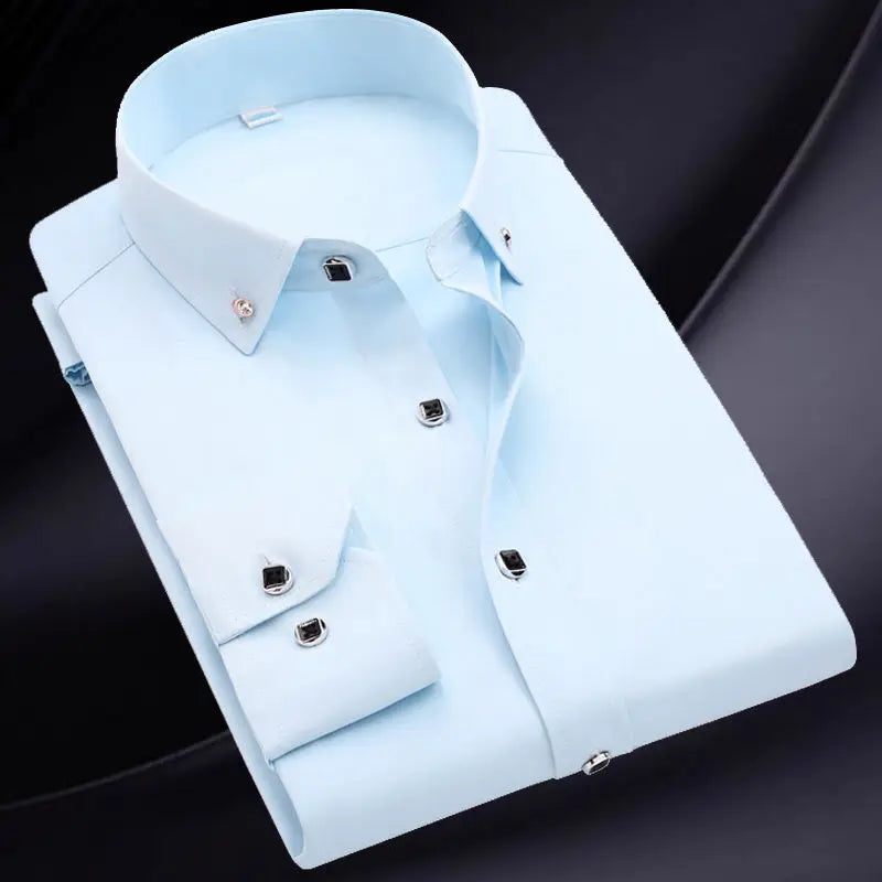 Men's Button-down Shirt Long Sleeve Casual Formal Business Dress Shirts Pocket-less Solid Color Blue White Tops Korean Slim Fit