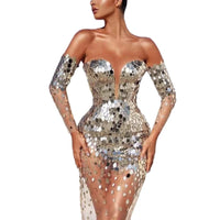 Long Sleeve Bare Shoulder Glitter Sequined Dress See Through Mesh Spliced Bodycon Party Cocktail Evening Dress for Women