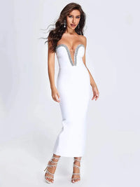 2024 Sexy Women's White Bandage Dress Strapless Sleeveless Diamond Design Bodycon Off Back Midi Dresses Evening Party Vestidos