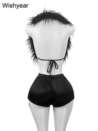 Sexy Night Club 2 Piece Pants Set Women Summer Furs Halter Tank Tops and Tight Stretch Shorts Hot Girls Midnight Party Suits y2k