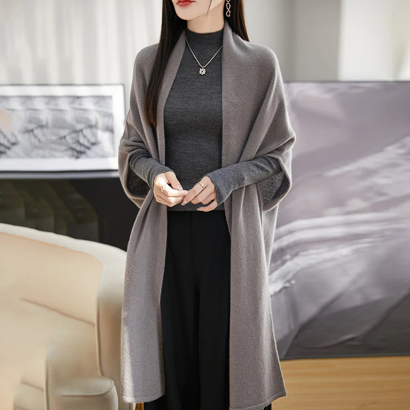 Spring Women's 100% Wool Knitted Shawl Soft Warm Knitwear Long Cardigan Female Cloak Wraps Shoulder Neck Protect Poncho Dual Use