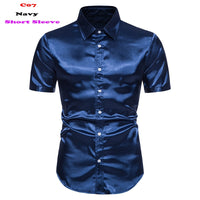 Royal Blue Silk Satin Shirt for Men 2023 Luxury Brand New Slim Fit