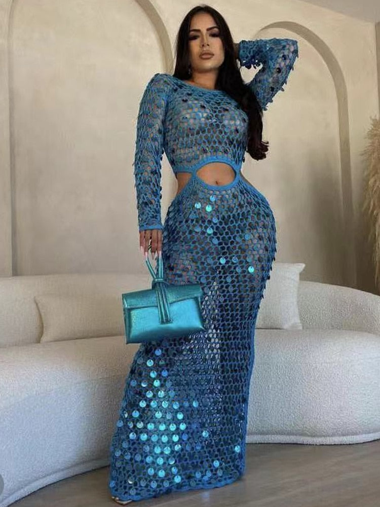 Joskaa Fishnet Knitting Hollow Sequins Maxi Dress Sexy See Through Holiday Long Sleeve Slim Summer 2023 Vacation Beach Dresses