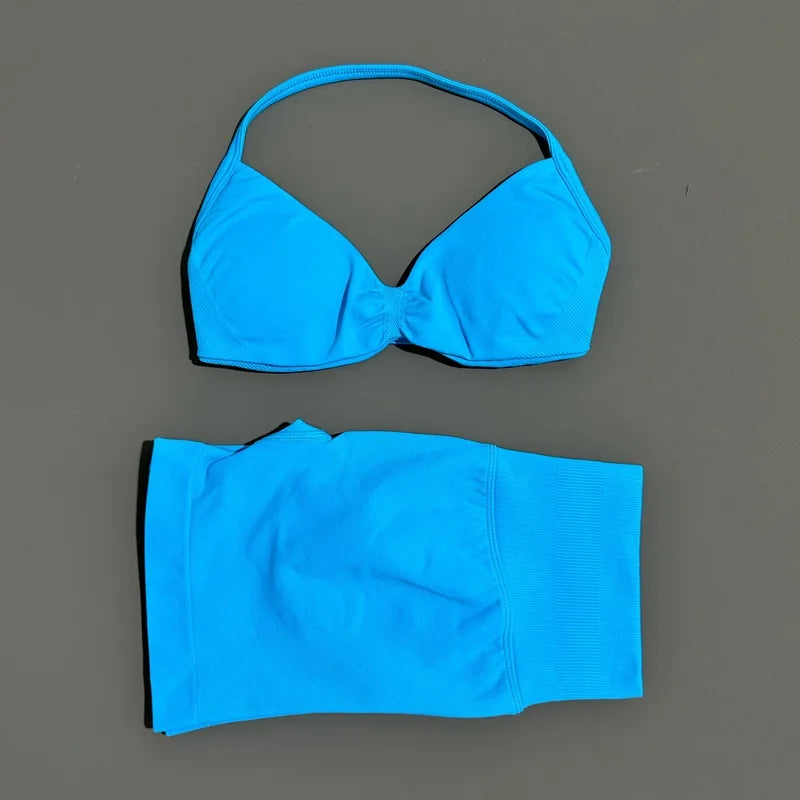 2 Piece Sport Set Women Seamless Yoga Tank Bra High Waist Scrunch Bum Gym Shorts Sets Fitness Running Workout Suit