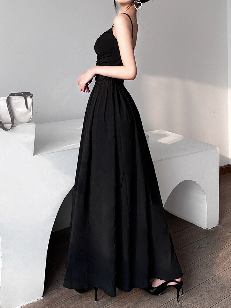 Sexy Spaghetti Strap Black Folds Corset Maxi Pleated Dress