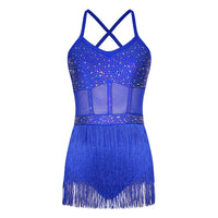 Womens Latin Dance Dress Sheer Mesh Patchwork Tiered Tassel Bodysuit Dress and Gloves for Tango Samba Dance Ballroom Dancewear