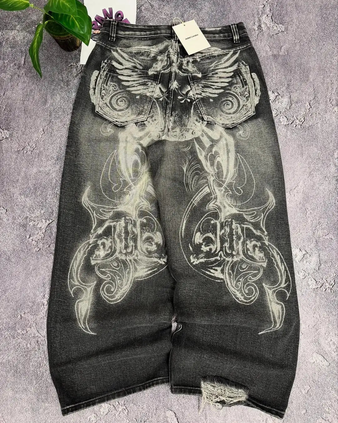 2000s washing old vintage printed jeans men gothic trend loose pants super large washing hip hop fashion wide pants