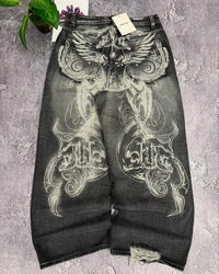 2000s washing old vintage printed jeans men gothic trend loose pants super large washing hip hop fashion wide pants
