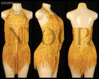 Sparkly Rhinestones Fringes Leotard Women Nightclub Party Outfit Dance Costume One-piece Stage Wear Sexy Performance Bodysuit