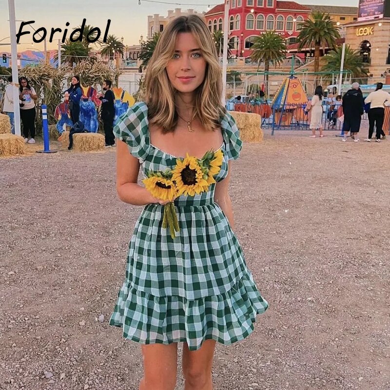 Foridol Lace Up Backless Gingham Chiffon Summer Dress Vintage A-line Puff Sleeve Plaid Short Dress Chic Blue Holiday Dress 2023