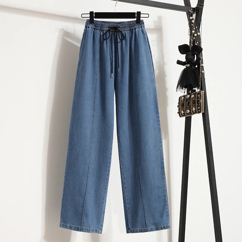 Women Jeans 2025 Summer New Arrivals High Waist Drawstring Loose Blue Jeans Pants Korean Style Casual Trousers Women Hot Sale