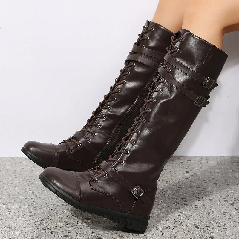Winter Boots for Women 2023 Combat Cowboy Knee High Long Leather Platform Shoes Black Gothic New Rock Punk Solid Women's Boots