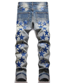 Men Straight Jean Denim Pants Jeans Loose Ankle Length Pant Pockets Casual Washed High Street Distressed Zipper Fly Spliced