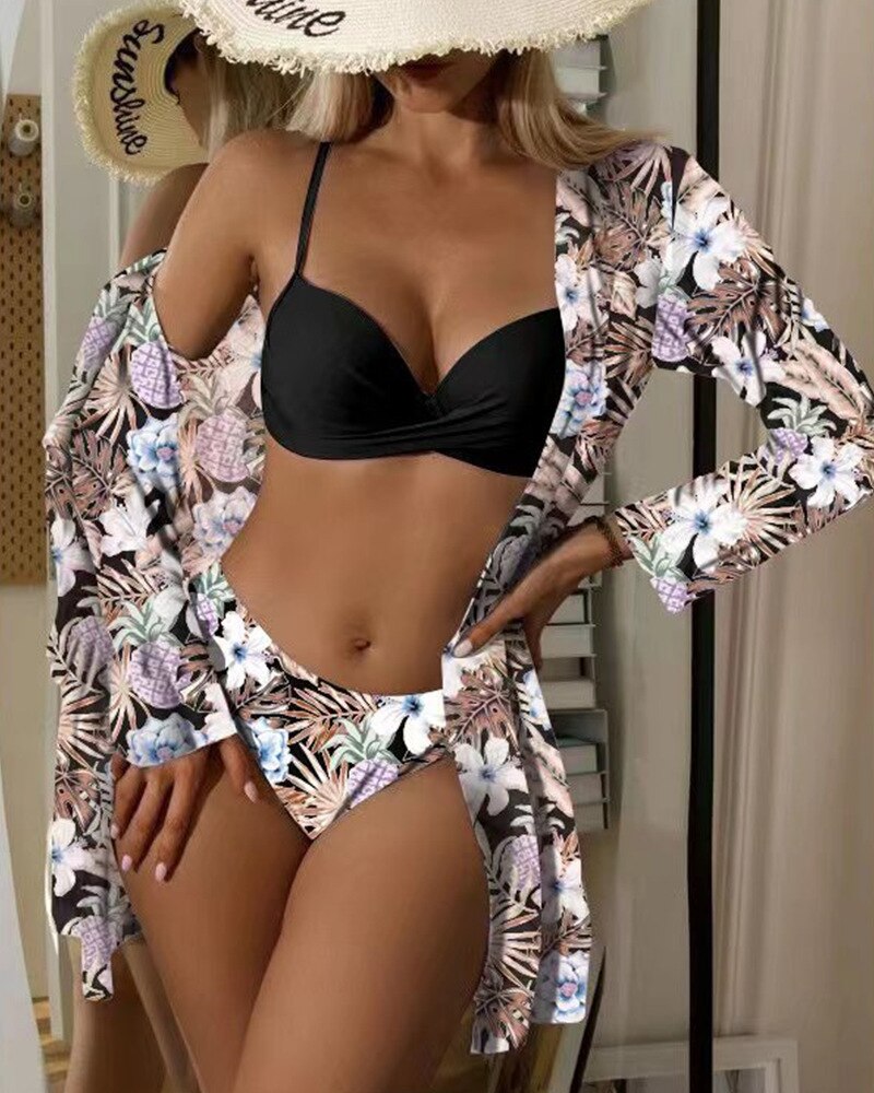 2 pieces Women's three piece swimsuit new mesh cardigan split bikini print