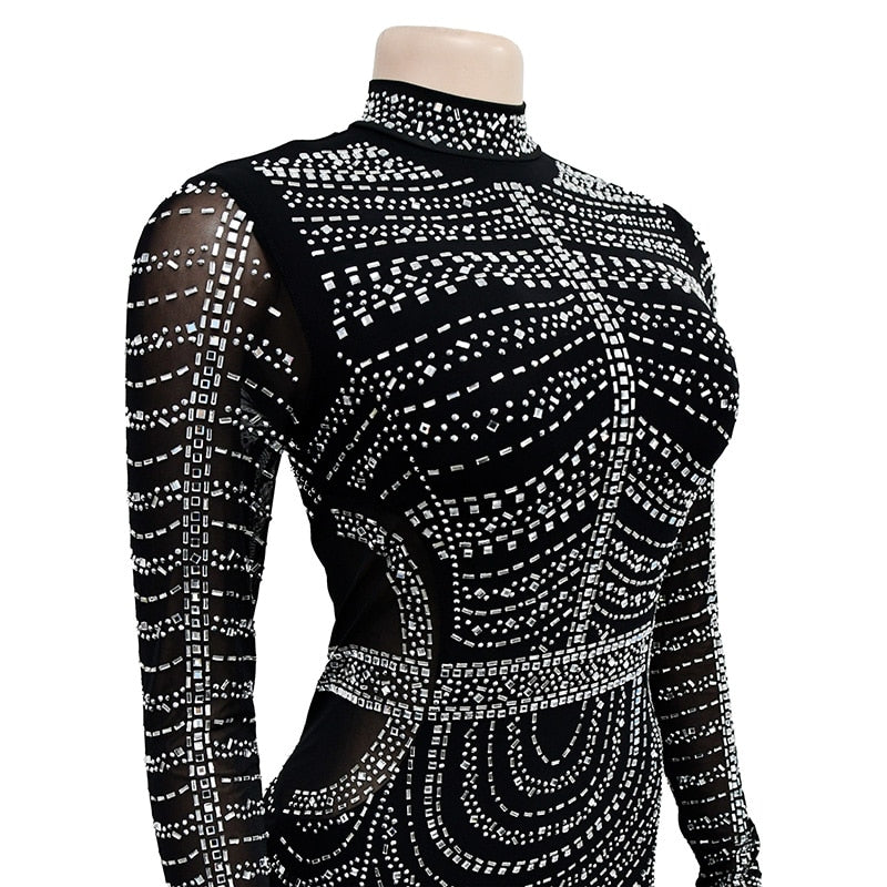 Sexy Black Glitter Sheer Mesh Crystal Mini Dress Women Luxury Long Sleeve Birthday Bodycon Dress Night Club Outfits