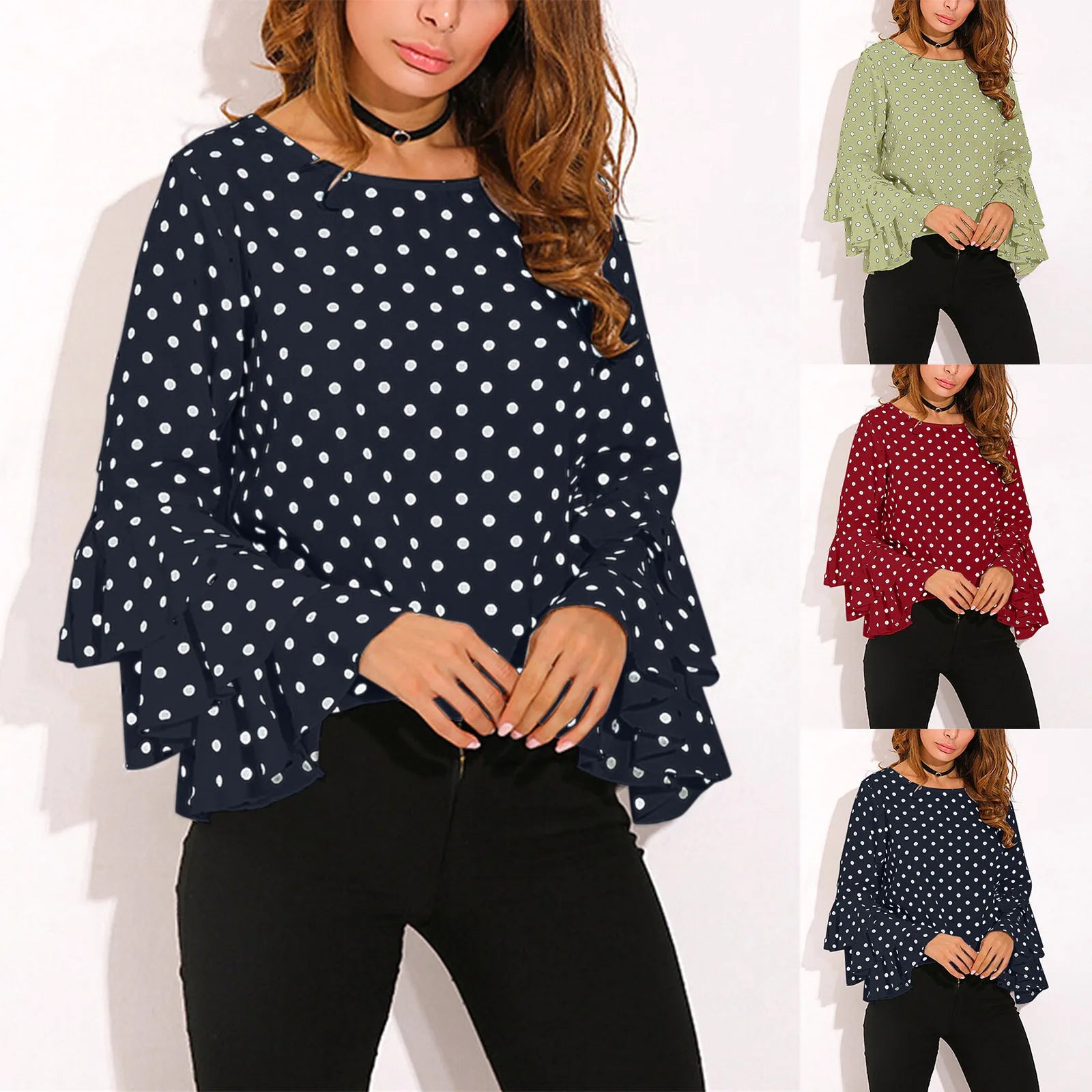 Polka Dot Shirts Women Retro Summer Blouse Ruffles Long Sleeve Casual Chiffon Ladies Tops 2023 Fashion Clothing Blusas S-5XL