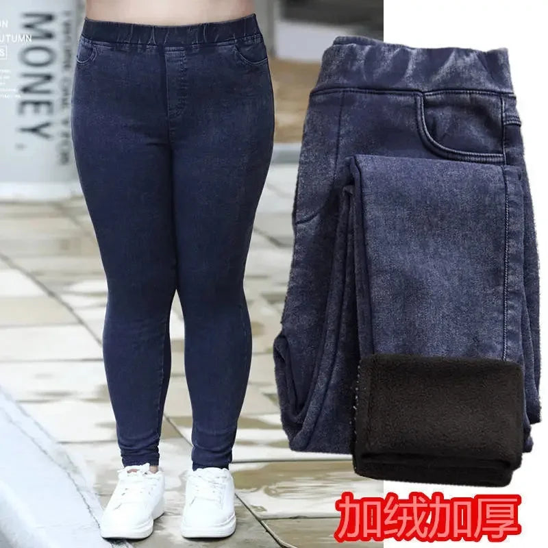 Women Jeans 2022 New Autumn Trousers High-Waist Elasticity leggings Velvet Warm Winter Denim Pants Female Long Pants 6XL 7XL 8XL