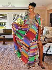 Plus Size Multicolored Loose Dress Cotton Tunic Women Large Size Beach Wear Kaftan Bohemian Printed Loose Beach Dresses Q1084