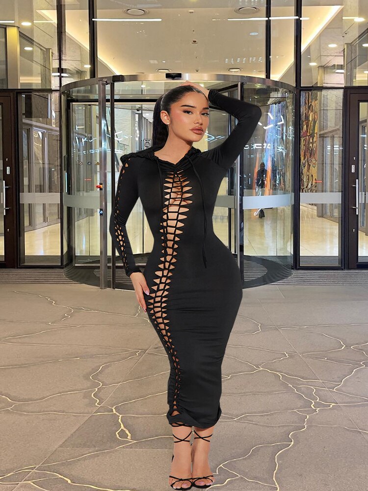 WJFZQM Summer New Hooded Long Sleeve Hollow Out Knot Slim Personality Dress Elegant Female Casual Streetwear Bodycon Dress Women