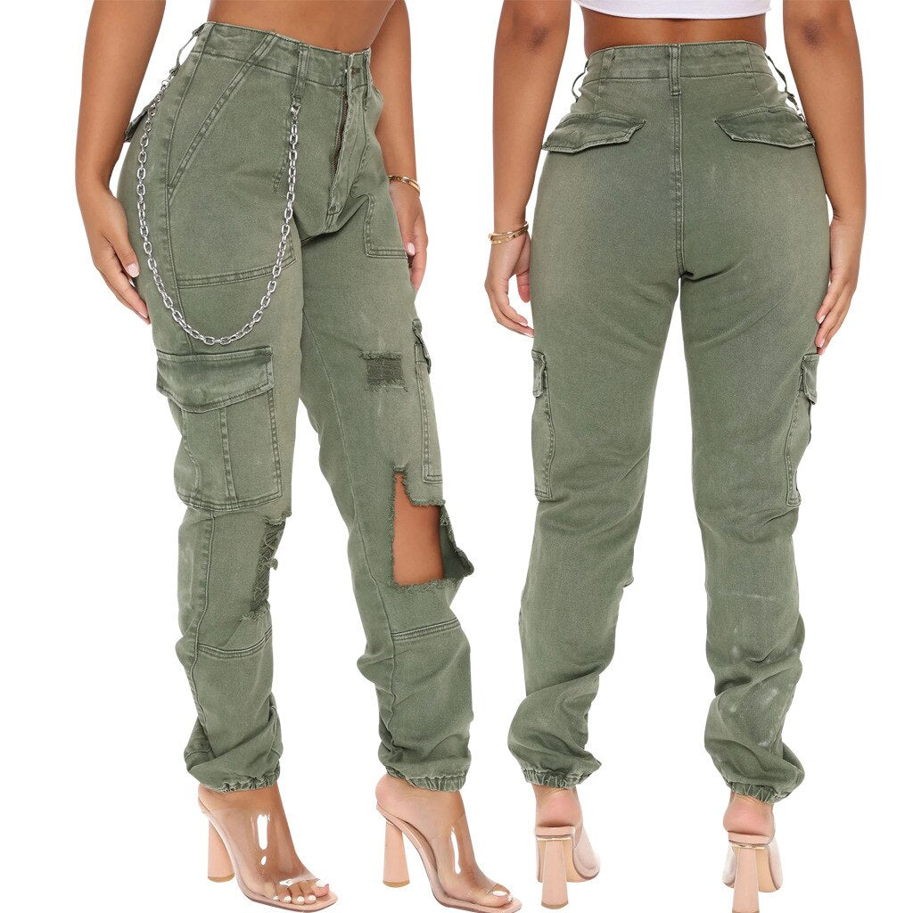 Camouflage Cargo Jeans Women 2023 Summer Hollow Out Ripped High Waist Black Stretch Jeans Woman Casual Big Pocket Denim Trouser