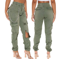 Camouflage Cargo Jeans Women 2023 Summer Hollow Out Ripped High Waist Black Stretch Jeans Woman Casual Big Pocket Denim Trouser