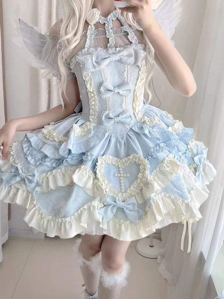 Lovely Kawaii Slash Neck Slim Lolita Dress Women Sweet Design Bow Off Shoulder Sling Dresses Elegant Cute Pretty New Clothing