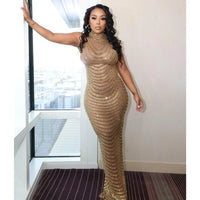 Gold Rhinestone Mesh Prom Maxi Dress Long Luxury Elegant See Through Outfits Wedding Party Gowns Sexy Night Club Bodycon Dresses