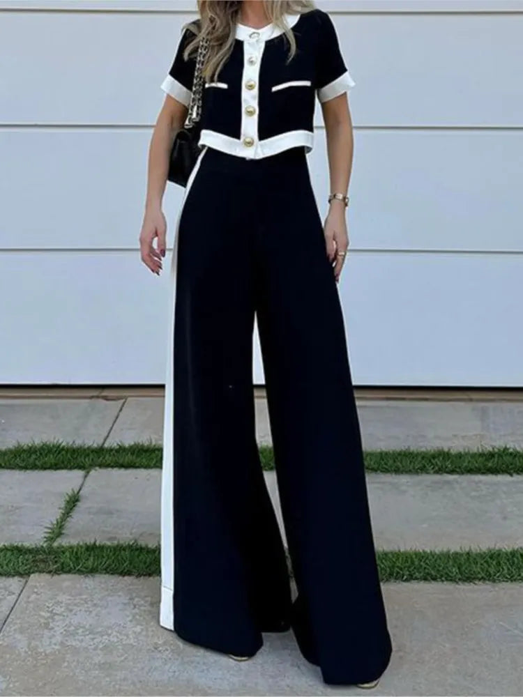 Spring Autumn Women's New Fashion Color Blocked Commuter Short Sleeved Top Straight Leg Pants Set Two Piece Set