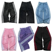 High Street Vintage striped embroidered high-waisted Jeans Men Women casual pants Harajuku Hip Hop Street baggy wide-leg jeans