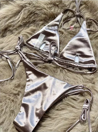 Halter Brazilian Metallic Satin Bikini Women Swimwear Female Swimsuit Two-pieces Bikini Set High Cut Bathing Suit Swim Beachwear