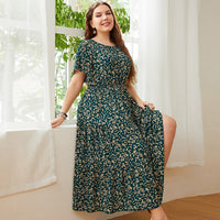 KEBY ZJ Big Size Women&#39;s Clothing Dress Summer O-Neck Floral Print Midi Dresses Urban Elegant Casual Ladies Plus Size Long Dress