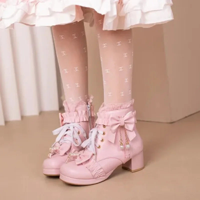 Lolita Great Quality Block High Heels Women Ankle Boots White Shoes Lace Decor Lace Up Chunky Heeled Bow Boots for Women