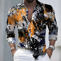 American retro patchwork print men's long-sleeved shirt, casual spring and autumn turn-down collar cardigan, plus size men's top
