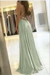 Women Mint Prom Dress 2023 Spaghetti Strap Satin Slit Side Dress A-line Stretch Satin High Split Long Simple Evening Party Gowns