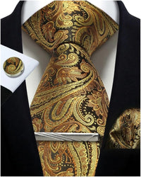 Mens Tie Set Silk Silver Paisley Floral Necktie and Pocket Square Cufflinks Tie Clip Classic Formal Ties for Men Wedding Party