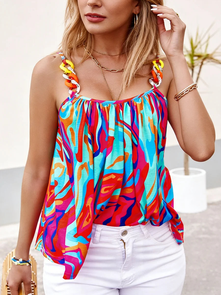 Women's Tank Top Spring Summer Colorful Abstract Print Beaded Strap Asymmetric Hem Valentine's Day Casual Vacation Top