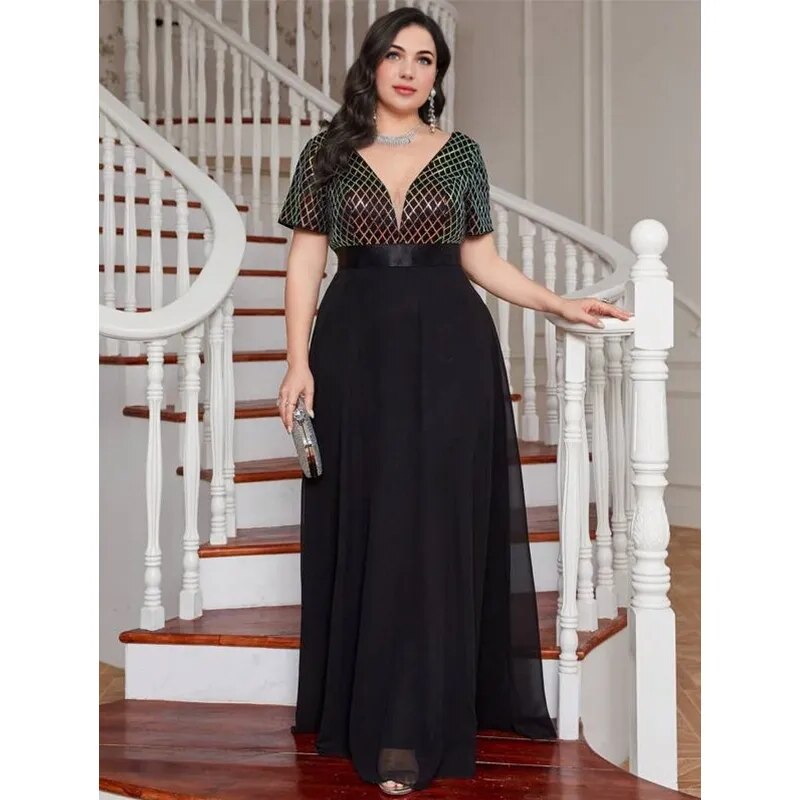 Plus Size V Neck Rhombus Sequin Luxury 4XL5XL Chiffon Dress Party Prom Black 3/4 Sleeve Over Maxi Dress for Party Wedding