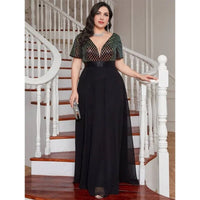 Plus Size V Neck Rhombus Sequin Luxury 4XL5XL Chiffon Dress Party Prom Black 3/4 Sleeve Over Maxi Dress for Party Wedding