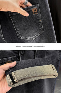 Men's Jeans Casual Long Straight Stretch Denim Pants Autumn Winter Classic Belted Jeans Korean Fashion Blue Black Jean Trousers