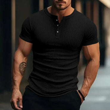 Mens  Sprg Summer Casual Solid Color Ribbed T Shirt Knitted Short Sleeve Tees Vtage Button-up Henley Collar T-shirts For