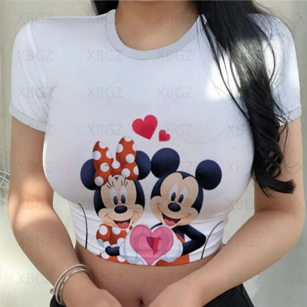 Party Woman Clothes Sexy Women's T-shirt Slim Fit Crop Top Print Y2k Tight Fashion Blouses 2022 Mickey T-shirts Minnie Mouse 3XL