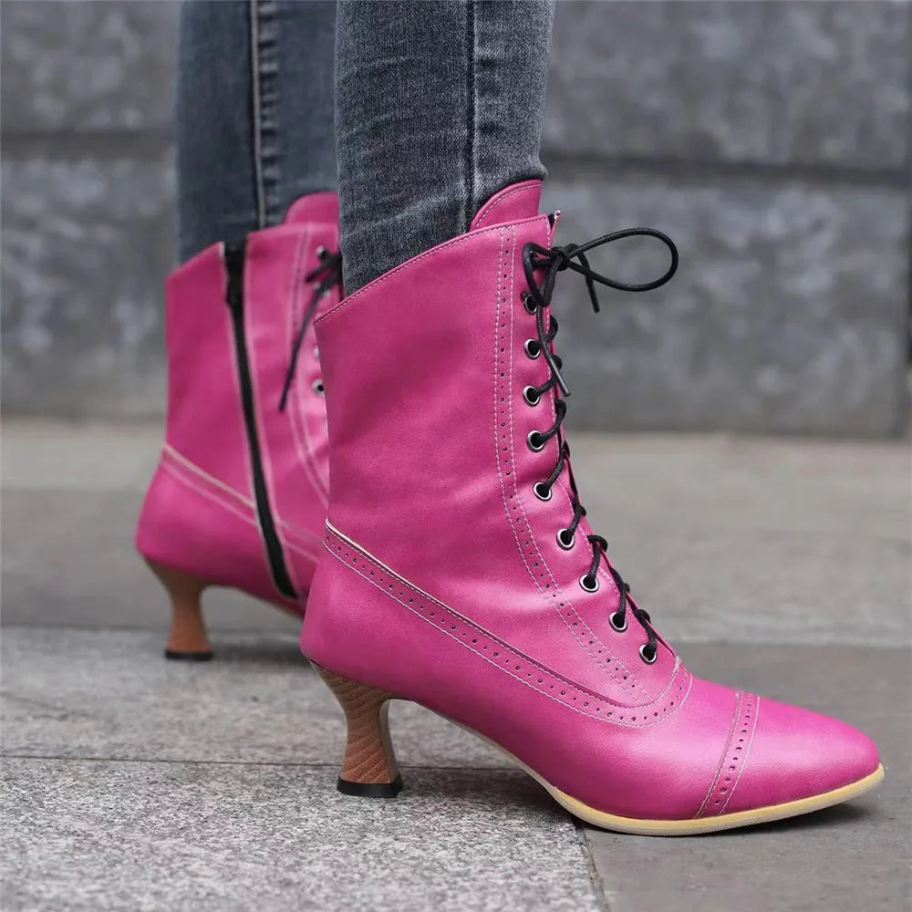 2025 New Lace Up Ladies High Heel Shoes Strange Steampunk Boot Victorian Ankle Boots Women Pointed Toe Thick Soled Short Boots