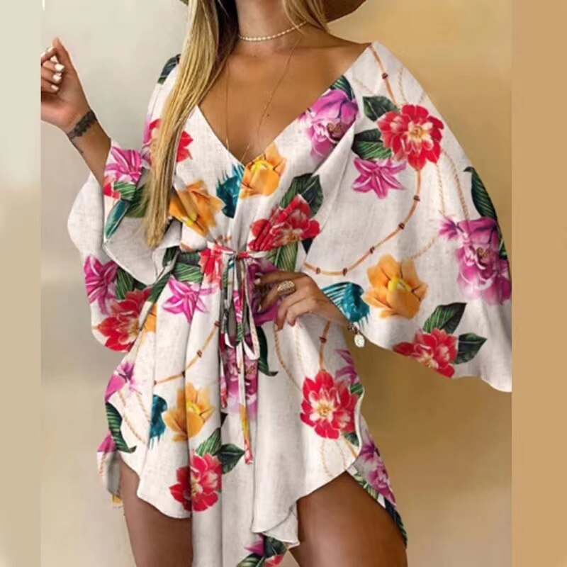 2023 New Summer Beach Elegant Dresses Women Sexy V Neck Lace-up Floral Print Mini Dress Casual Flared Sleeves Ladies Party Dress