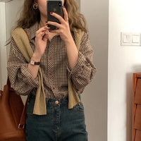 Plaid Shirts Women Elegant Basic Classic Turn Down Collar Retro Loose Office Lady Korean Style Long Sleeve Blouses Femme Clothes